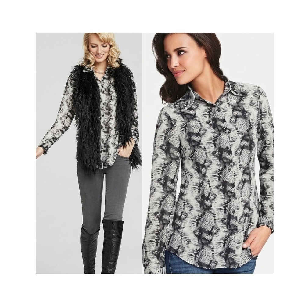 Cabi Button Down Shirt Large Gray Snakeskin Print Long Sleeve Chiffon Blouse